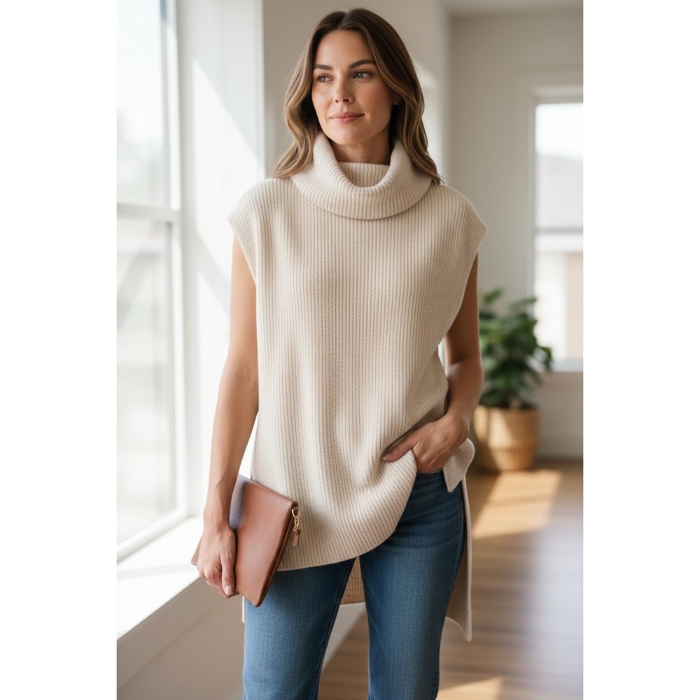 Lou & Grey‎ Cream Ribbed Knit Cowl Neck Sleeveless Tunic Sweater XS